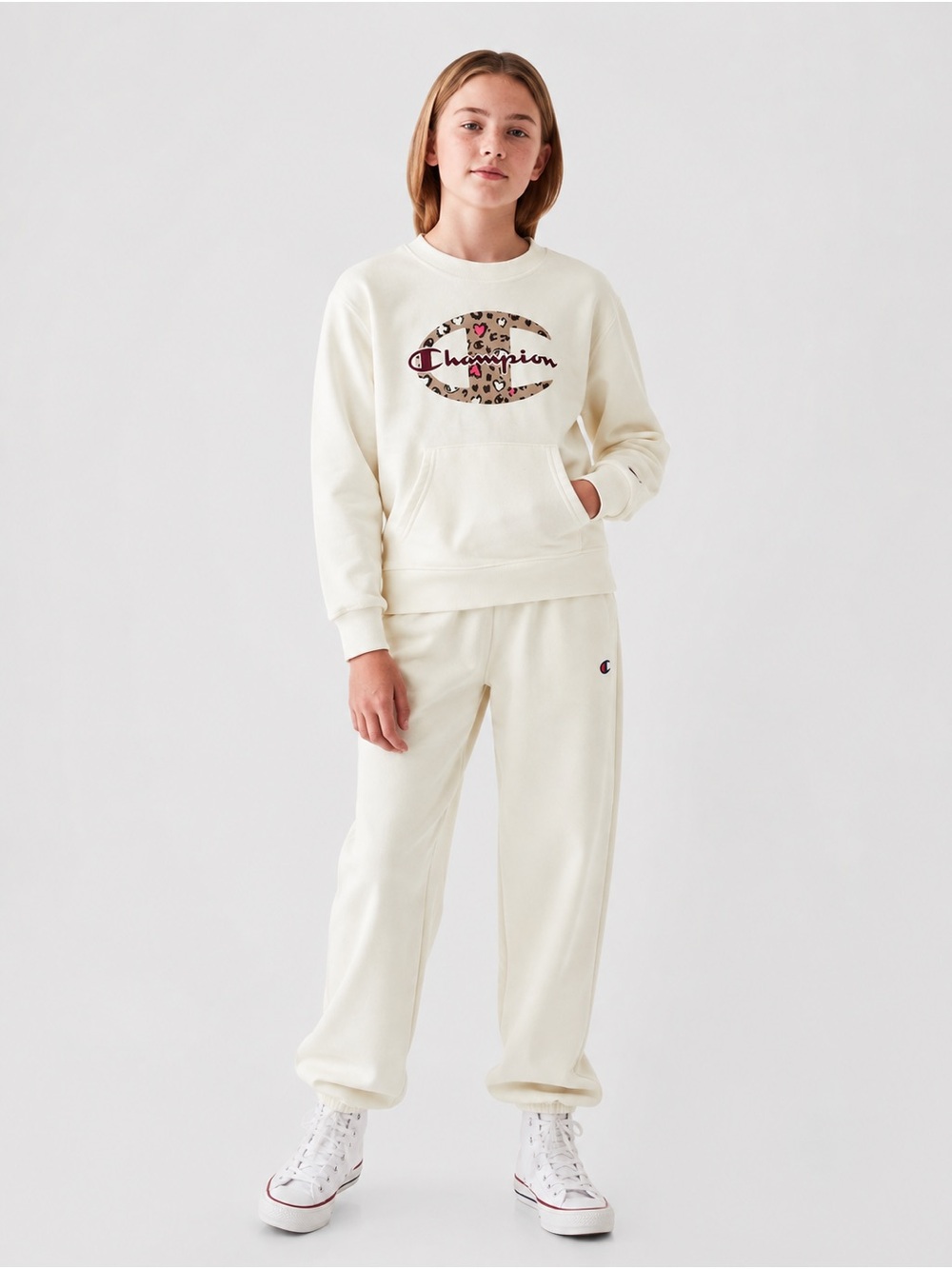 Champion Girls Cream Matching Sweat Set | Crewneck & Joggers | Size M (8/10)